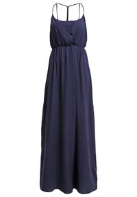 Donkerblauwe maxi-jurk van lichtgewicht stof, met een wikkelontwerp, verstelbare spaghettibandjes en een elastische taille voor comfort.
