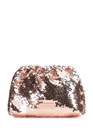 Bolsa de cosméticos con lentejuelas en color oro rosa brillante, de forma redondeada y con un pequeño parche rectangular con el logo de Wittchen en el frente.