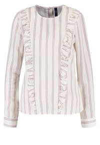Blusa bianca a maniche lunghe con righe verticali viola e rosse, con dettaglio arricciato sul lato sinistro e scollatura rotonda.