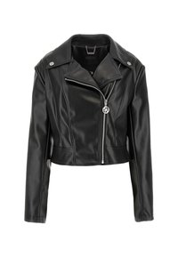 Black cropped leather jacket with a prominent asymmetrical zipper, silver hardware accents, and a notched collar. Textured finish visible.