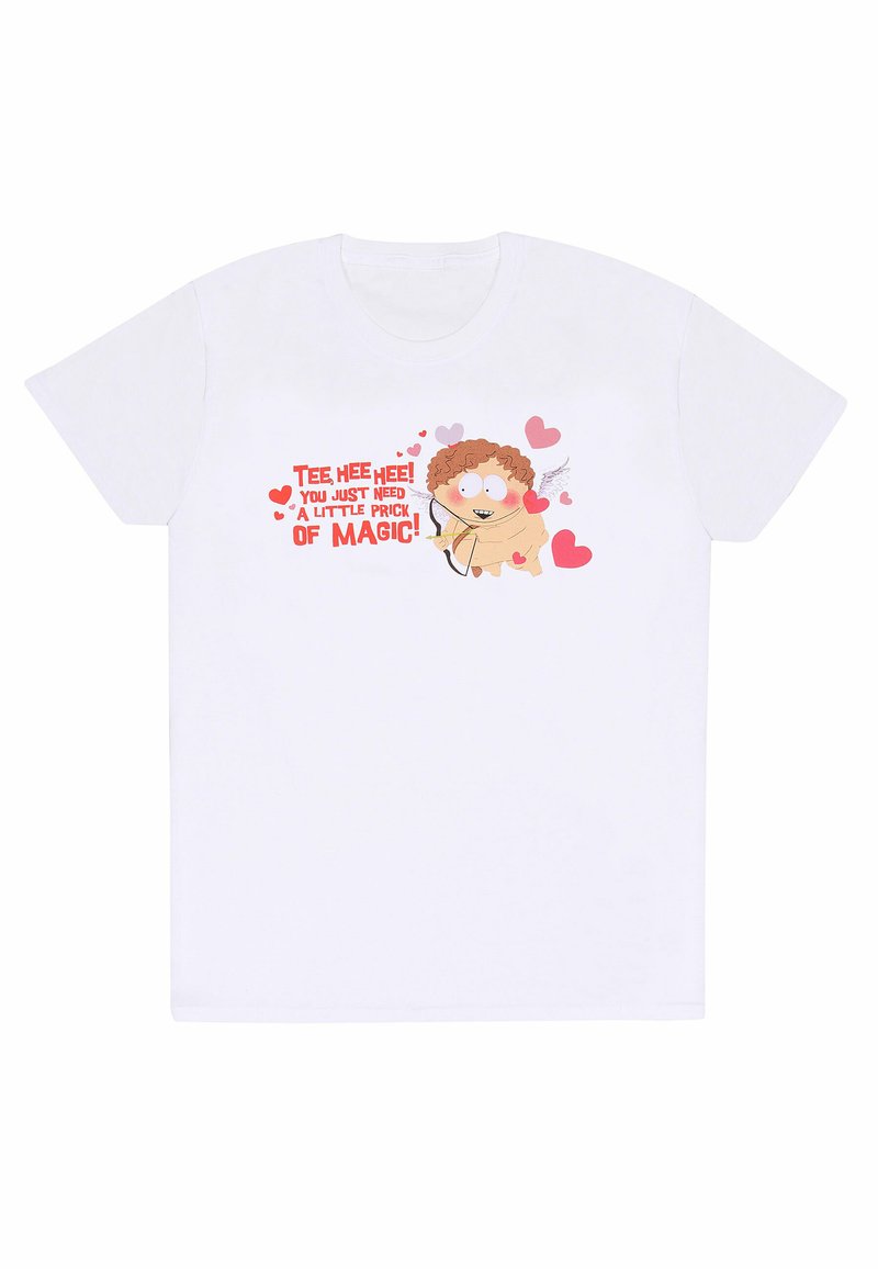 Maglietta bianca con un cupido dei cartoni animati che tiene un arco, circondato da cuori e con il testo che dice: "Ehehe! Ti serve solo un piccolo pizzico di magia!"