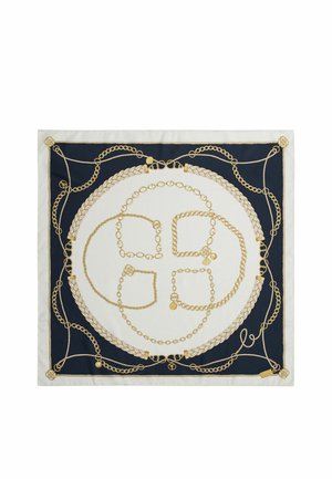 Zijden sjaal met navyblauwe en witte achtergrond, met patronen van gouden kettingen en gevlochten touwen die geometrische vormen vormen.