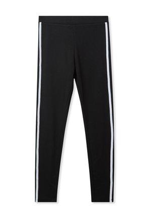 Leggings neri realizzati in tessuto elasticizzato, con strisce laterali bianche, una vita elastica e una texture liscia.