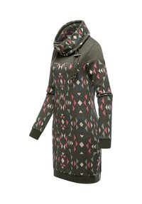 Abito verde oliva a maniche lunghe con motivi geometrici multicolori, collo alto a scollo e dettagli con cordino.