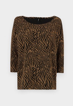 Črna majica z vzorcem zebre v zlati barvi, z širokim izrezom in rokavi do tri četrtine, izdelana iz teksturiranega materiala.