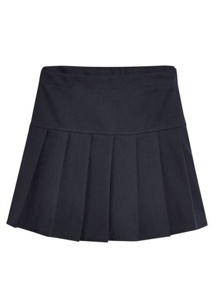 Jupe plissée noire avec large ceinture, longueur courte et plis verticaux espacés uniformément.