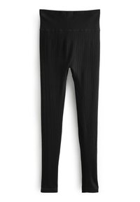 Sorte leggings lavet af strækbart stof med en ribbet struktur, med en bred talje og lodret stribemønster over hele.