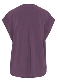 Top corto viola a maniche corte con una vestibilità rilassata, caratterizzato da un collo leggermente curvo e dettagli plissettati sul retro. Tessuto morbido e leggero.