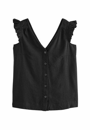 Blouse noire sans manches avec col en V, fermeture boutonnée sur le devant et détails volantés aux épaules.