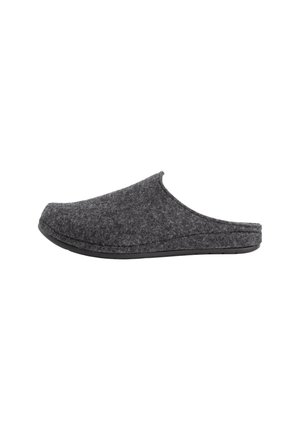 Dark gray slip-on felt slipper with closed rounded toe and flat black sole, viewed from the side.