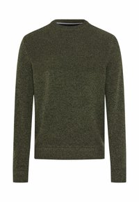 Dunkelgrüner Strickpullover mit langen Ärmeln, geripptem Rundhalsausschnitt, Bündchen und Saum, präsentiert vor einem weißen Hintergrund.