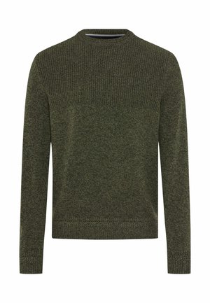 Pullover a maglia di un verde scuro, con maniche lunghe, scollo a girocollo a coste, polsini e orlo, esposto su uno sfondo bianco.