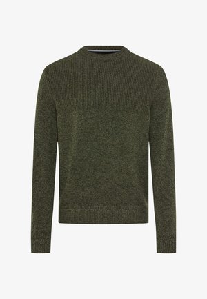 Dunkelgrüner Strickpullover mit langen Ärmeln, geripptem Rundhalsausschnitt, Bündchen und Saum, präsentiert vor einem weißen Hintergrund.