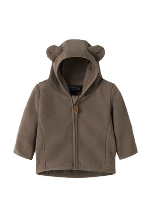 Braune Babyjacke aus Fleece mit Kapuze, kleinen Bärenohren und einem Reißverschluss vorne.