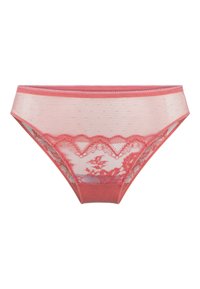 Roze kanten slipje met stippenmesh, gegolfde randen en bloemaccenten. Zachte textuur met een lage taille en elastische tailleband.
