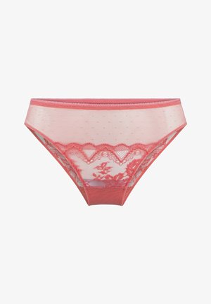 Roze kanten slipje met stippenmesh, gegolfde randen en bloemaccenten. Zachte textuur met een lage taille en elastische tailleband.