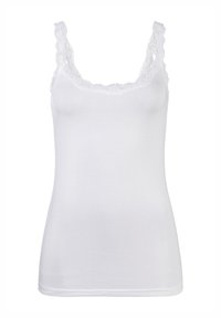 Witte katoenen tanktop met een kantafwerking rond de halslijn en schouders, met een getailleerde pasvorm en een gladde textuur.
