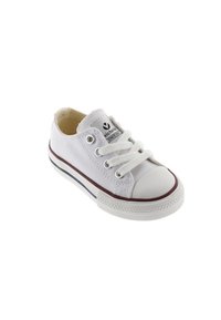 Zapatilla de lona blanca con puntera de goma redonda, delgada franja marrón en la suela y cordones blancos. Presenta un logo en la lengua.