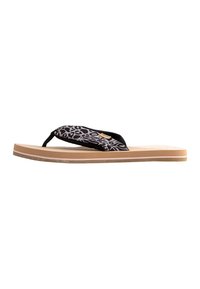 Zwarte flip-flop sandaal met een patroonband met bloemdesign, beige rubberen zool en een geperforeerde voetbed voor comfort.