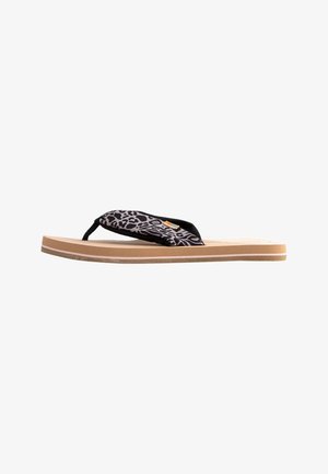 Zwarte flip-flop sandaal met een patroonband met bloemdesign, beige rubberen zool en een geperforeerde voetbed voor comfort.