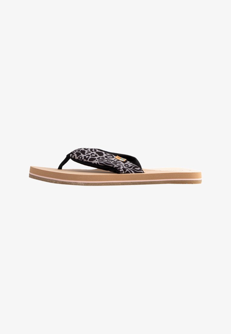 Zwarte flip-flop sandaal met een patroonband met bloemdesign, beige rubberen zool en een geperforeerde voetbed voor comfort.