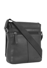Schwarze Leder-Crossbody-Tasche mit verstellbarem Riemen, vorderer Reißverschlusstasche und auffälliger Naht an den Seiten. Mit geprägtem Logo-Detail.