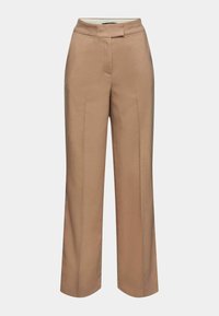 Pantalon beige taille haute, coupe ajustée, jambes larges, détails de plis marqués et fermeture avant dissimulée.