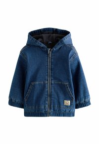 Veste en denim bleu pour tout-petits avec capuche, fermeture éclair sur le devant, deux poches, poignets et ourlet élastiques, et un petit label en patch sur la poche avant.