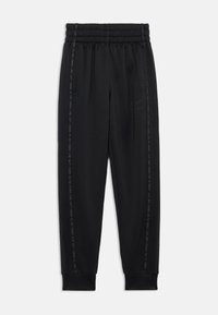Black sweatpants with an elastic waistband, cuffed ankles, and printed "THERE IS NO FINISH LINE" along the sides. Smooth fabric texture.