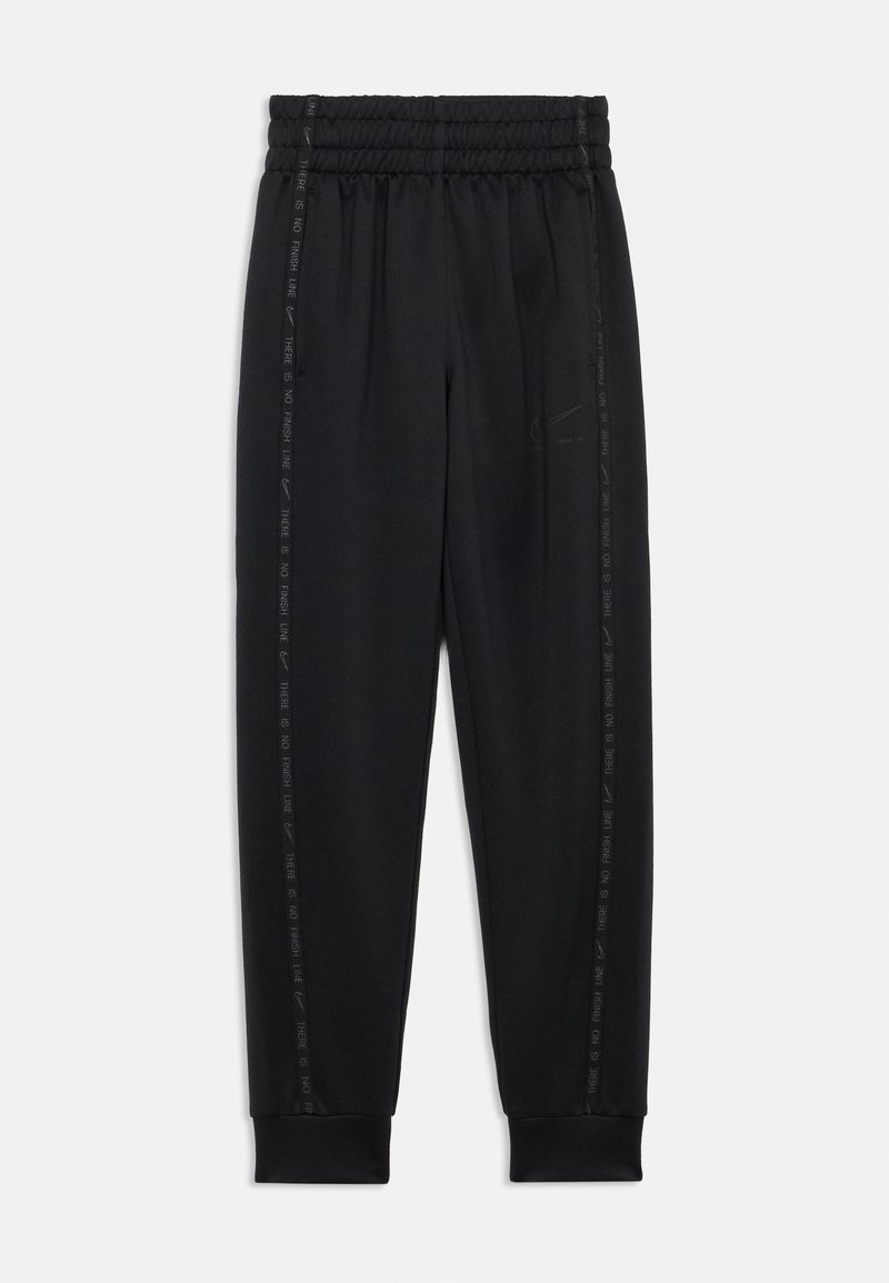 Black sweatpants with an elastic waistband, cuffed ankles, and printed "THERE IS NO FINISH LINE" along the sides. Smooth fabric texture.