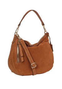 Braune Wildleder-Umhängetasche in Hobo-Form mit Reißverschlusstasche, goldfarbenen Beschlägen und abnehmbarem Riemen. Glatte Textur, weiches Finish.