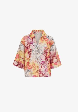 Lühikeste varrukatega nööbitav pluus mitmevärvilise lillemustriga, kus on kollased, punased, roosad ja valged toonid, krae ja lõdva lõikega.