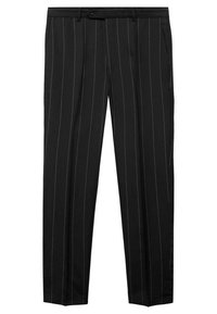 Pantaloni neri a righe verticali in una vestibilità sartoriale, realizzati in tessuto morbido. Presentano una fascia piatta, passanti per cintura e tasche laterali per funzionalità.