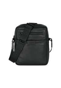 Czarna kwadratowa skórzana torebka na ramię z zamykaną na zamek przednią kieszenią oraz regulowanym paskiem na ramię z wytłoczonym napisem.