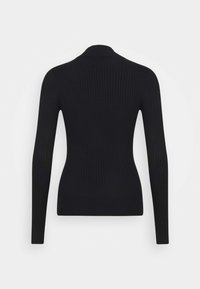 Pull noir côtelé à manches longues avec un col montant. Présente une coupe ajustée et une texture lisse. Sans ornements supplémentaires.