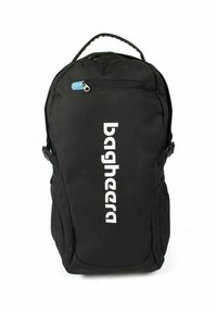 Svart ryggsäck av hållbart tyg, med en framficka med dragkedja, blå dragkedja och vit logotyp. Justerbara remmar och vadderad rygg.