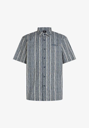 Camisa de botones de manga corta con un patrón de rayas verticales en azul y crema con acentos circulares, hecha de una tela ligera.