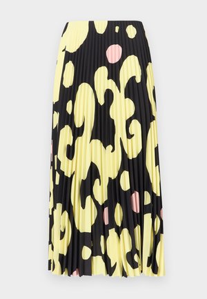 Plīsēta svārki dzeltens krāsā ar melniem un rozā abstraktiem rakstiem. Vidēja garuma dizains ar gludu tekstūru.