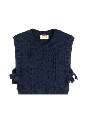 Pull en tricot bleu marine avec un motif en cable, col rond et manches courtes, doté de liens sur les côtés pour un ajustement réglable et une surface texturée.