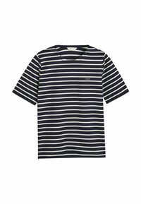 Marineblå og hvidstribet t-shirt lavet af blød bomuld. Har en v-hals og korte ærmer, med lille GANT-logo på venstre bryst.