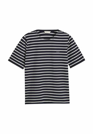 T-shirt a righe blu navy e bianche realizzato in cotone morbido. Presenta un scollatura a V e maniche corte, con un piccolo logo GANT sul lato sinistro del petto.