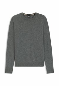 Maglione grigio a maglia con collo rotondo, maniche lunghe e polsini e orlo a coste. Realizzato in tessuto morbido, presenta un'etichetta sul collo.