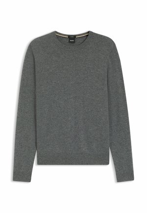 Szary sweter dzianinowy z okrągłym dekoltem, długimi rękawami oraz ściągaczami przy mankietach i dolnej krawędzi. Wykonany z miękkiego materiału, posiada metkę na dekolcie.