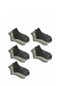 Sechs Paar Knöchelsocken in Dunkelgrau und Hellgrau. Weicher Stoff, gerippte Bündchen, glatte Textur, schlichtes Design und kontrastierende Zehenfarben.