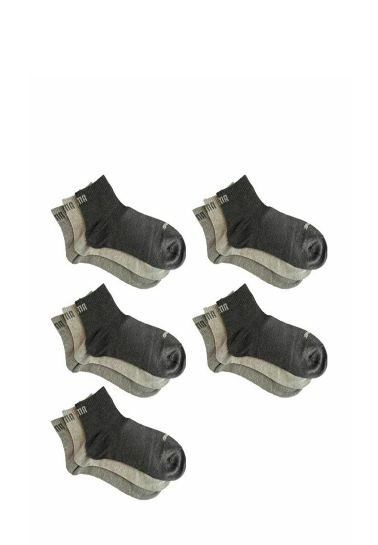 Sechs Paar Knöchelsocken in Dunkelgrau und Hellgrau. Weicher Stoff, gerippte Bündchen, glatte Textur, schlichtes Design und kontrastierende Zehenfarben.