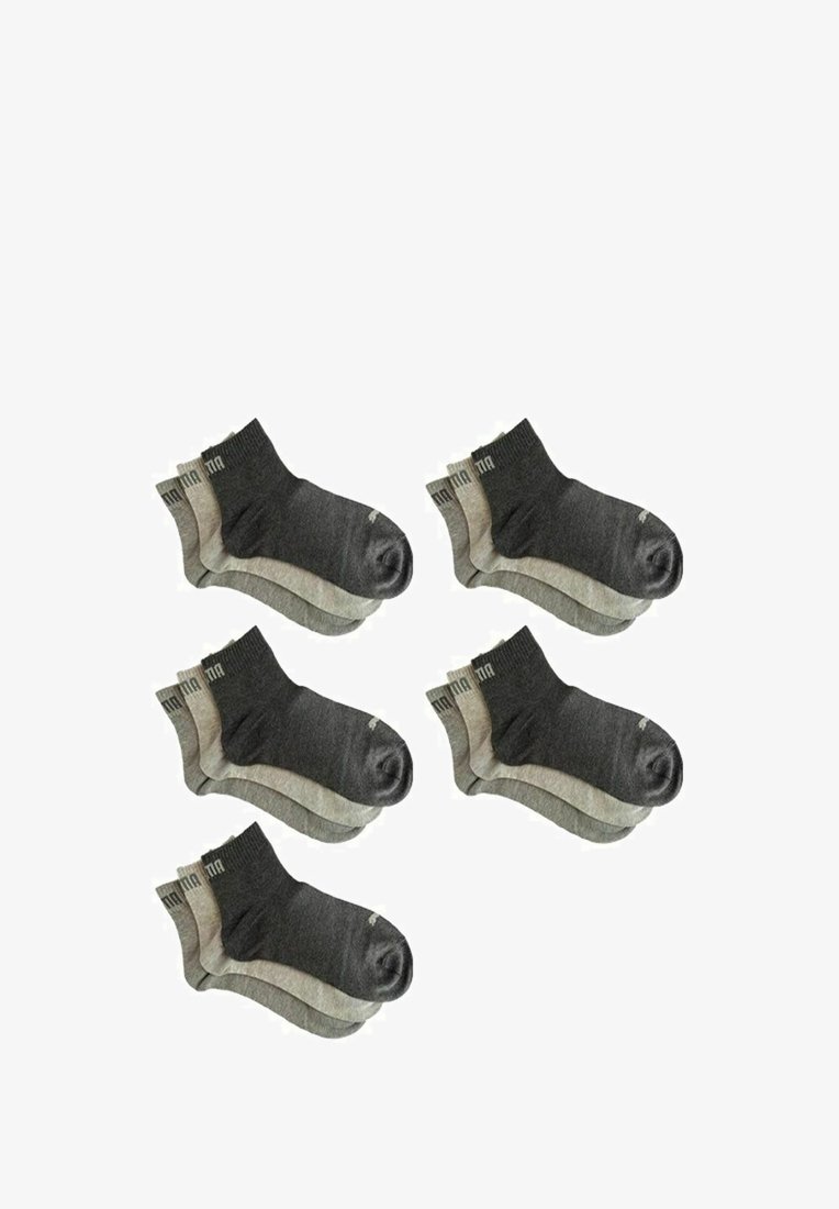 Sechs Paar Knöchelsocken in Dunkelgrau und Hellgrau. Weicher Stoff, gerippte Bündchen, glatte Textur, schlichtes Design und kontrastierende Zehenfarben.
