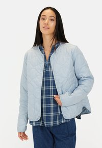 Lyseblå quiltet jakke med rund halsudskæring og trykknapper, båret over en ternet blå- og hvidlagd top, parret med denim.