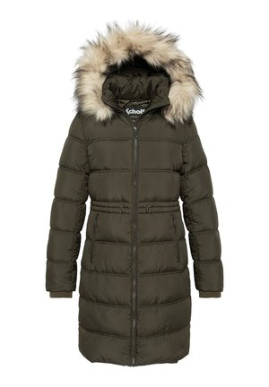 Lang olijfgroene gewatteerde winterjas met ritssluiting aan de voorkant, verstelbare taillebanden, ritszakken en een capuchon afgewerkt met tan en zwarte nepbont.