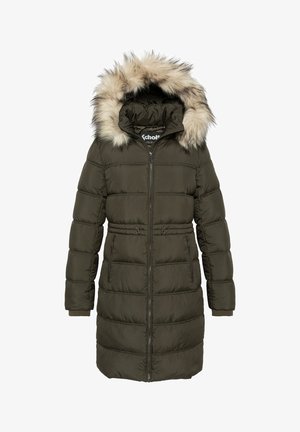 Langer, olivgrüner, gepolsterter Wintermantel mit Reißverschluss, verstellbaren Taillenzügen, Reißverschlusstaschen und einer Kapuze mit einem Rand aus sandfarbenem und schwarzem Kunstfell.