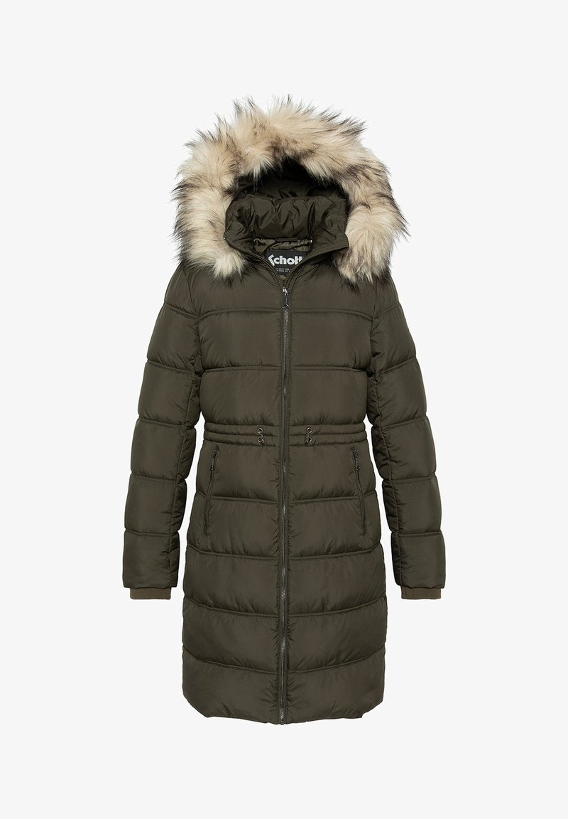 Cappotto invernale lungo di colore verde oliva imbottito, con zip frontale, cintura in vita regolabile, tasche con zip e cappuccio bordato con pelliccia sintetica nei toni del beige e del nero.